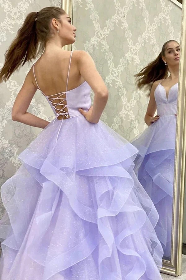 Lavender Glitter Tulle Tiered Ruffle Ball Gown with Lace-Up Back