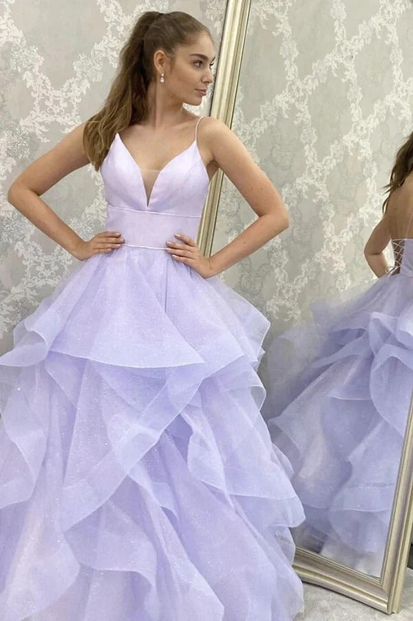 Lavender Glitter Tulle Tiered Ruffle Ball Gown with Lace-Up Back