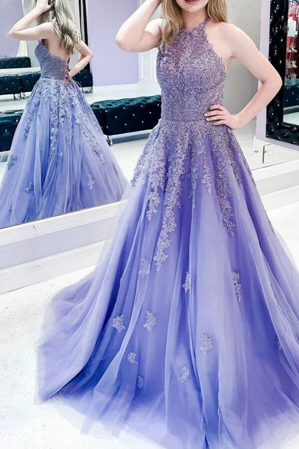 Lavender Halter Beaded Lace Tulle Gown with Lace-Up Back