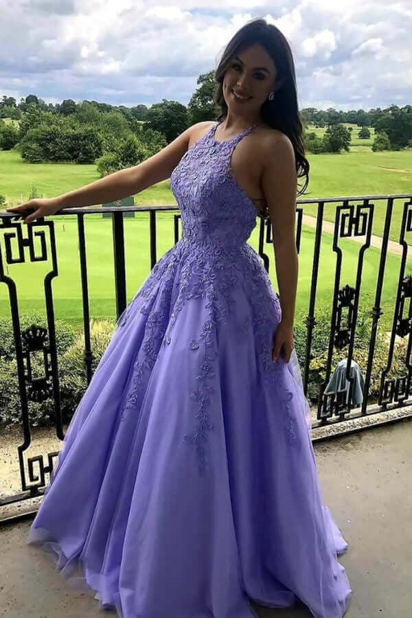 Lavender Halter Beaded Lace Tulle Gown with Lace-Up Back