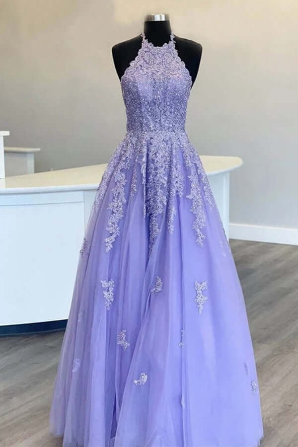 Lavender Halter Beaded Lace Tulle Gown with Lace-Up Back