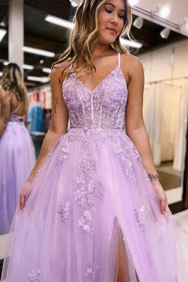 Lavender Lace Applique Tulle Gown with Crisscross Back