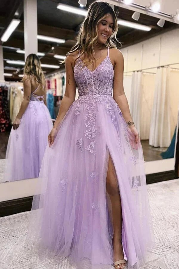 Lavender Lace Applique Tulle Gown with Crisscross Back