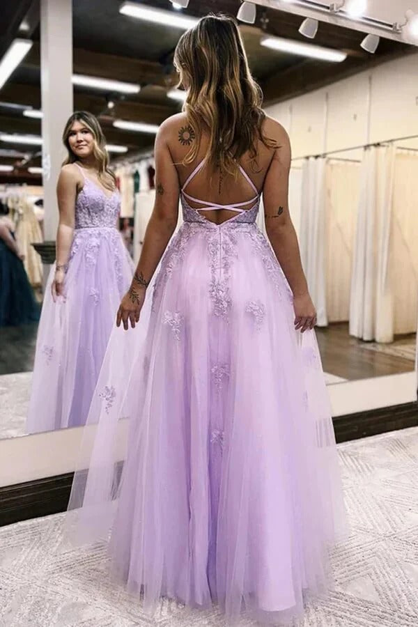 Lavender Lace Applique Tulle Gown with Crisscross Back