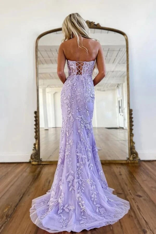 Lavender Lace Mermaid Prom Gown – Strapless Sweetheart Neckline Formal Dress with Train