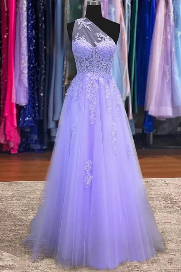 Lavender Lace One-Shoulder Tulle A-Line Prom Gown – Sheer Corset Formal Ball Gown with Train