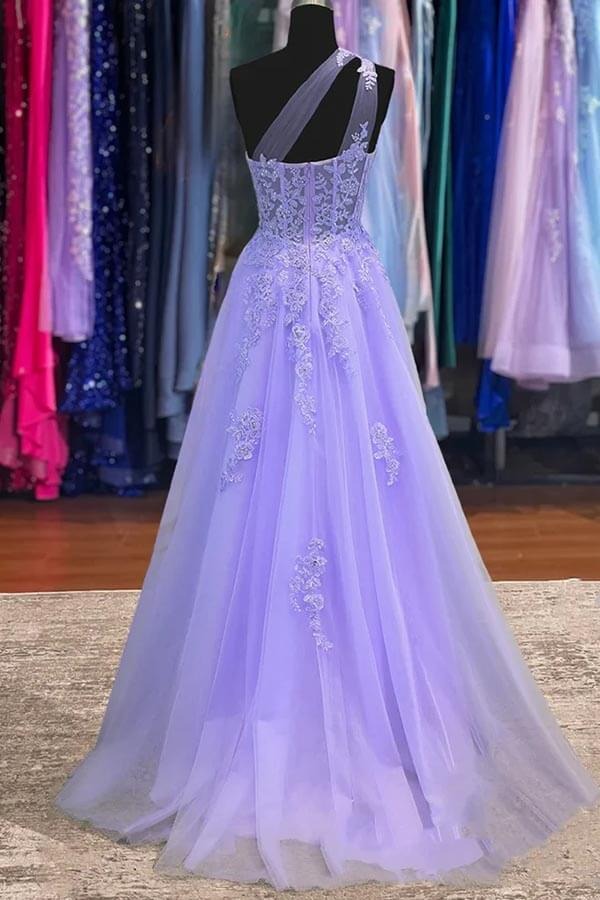 Lavender Lace One-Shoulder Tulle A-Line Prom Gown – Sheer Corset Formal Ball Gown with Train