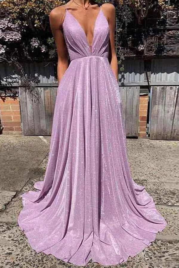Lavender Metallic Spaghetti Strap Gown with Lace-Up Back and Pockets