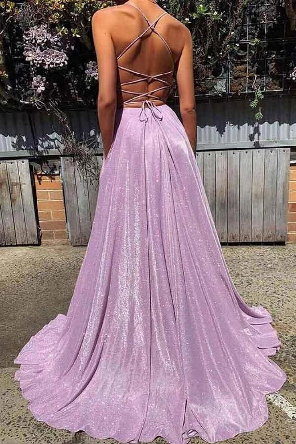Lavender Metallic Spaghetti Strap Gown with Lace-Up Back and Pockets