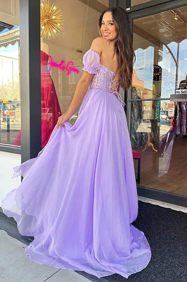 Lavender Off-The-Shoulder Sweetheart Neckline Lace Tulle A-Line Prom Maxi Gown with Slit & Train
