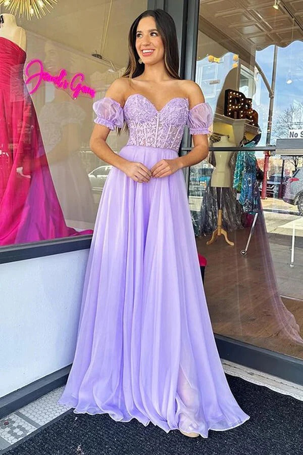 Lavender Off-The-Shoulder Sweetheart Neckline Lace Tulle A-Line Prom Maxi Gown with Slit & Train