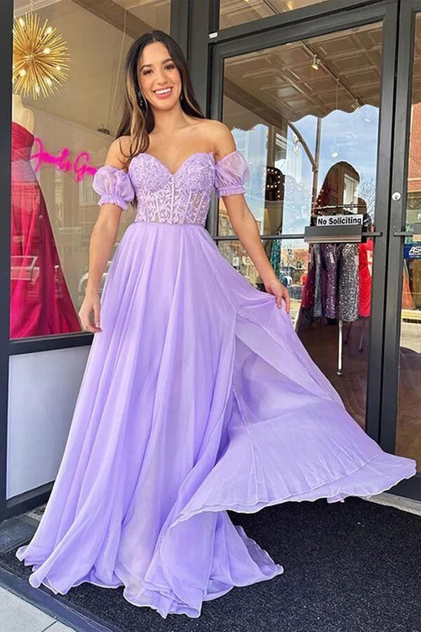Lavender Off-The-Shoulder Sweetheart Neckline Lace Tulle A-Line Prom Maxi Gown with Slit & Train