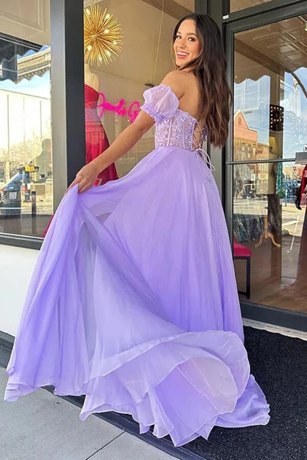 Lavender Off-The-Shoulder Sweetheart Neckline Lace Tulle A-Line Prom Maxi Gown with Slit & Train