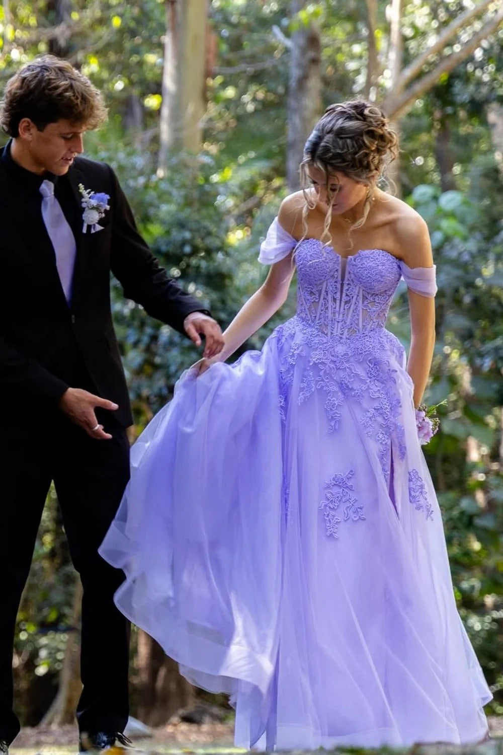 Lavender Off-the-Shoulder Lace Tulle Maxi Dress – Prom Bridesmaid Gown