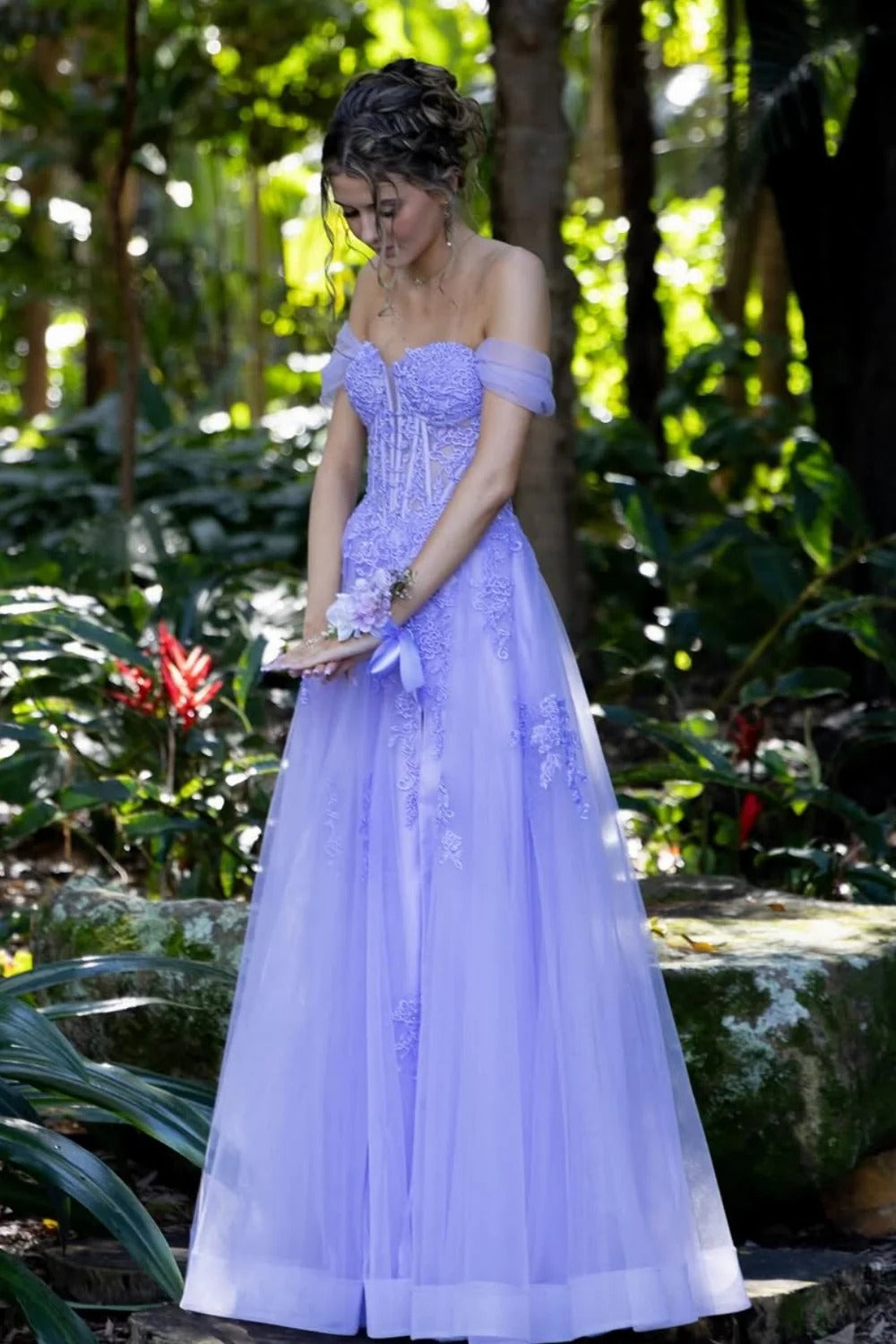 Lavender Off-the-Shoulder Lace Tulle Maxi Dress – Prom Bridesmaid Gown