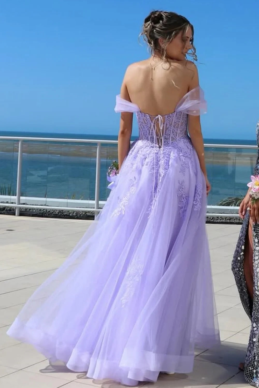 Lavender Off-the-Shoulder Lace Tulle Maxi Dress – Prom Bridesmaid Gown