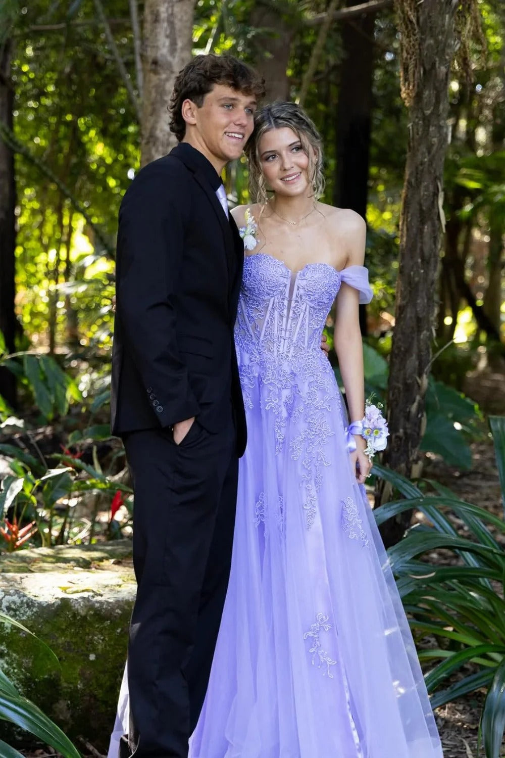 Lavender Off-the-Shoulder Lace Tulle Maxi Dress – Prom Bridesmaid Gown