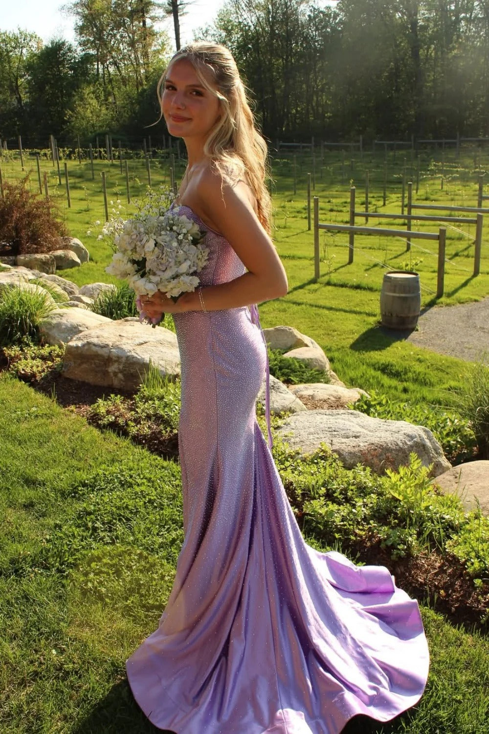 Lavender Sequin Strapless Mermaid Gown with Lace-Up Back & Train