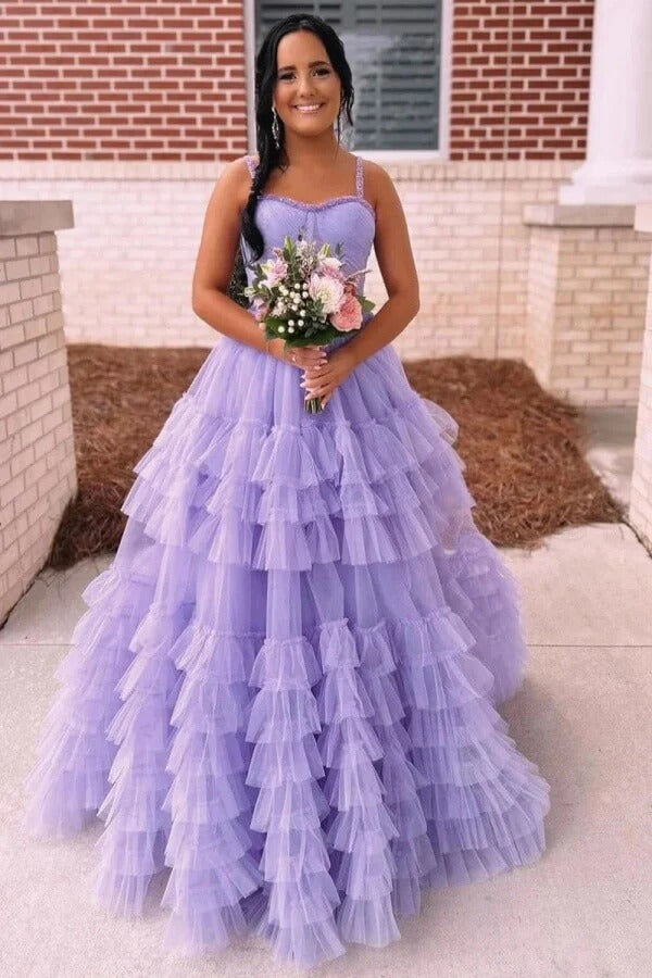 Lavender Spaghetti-Strap Beaded Ruffle Tiered Tulle Ball Gown
