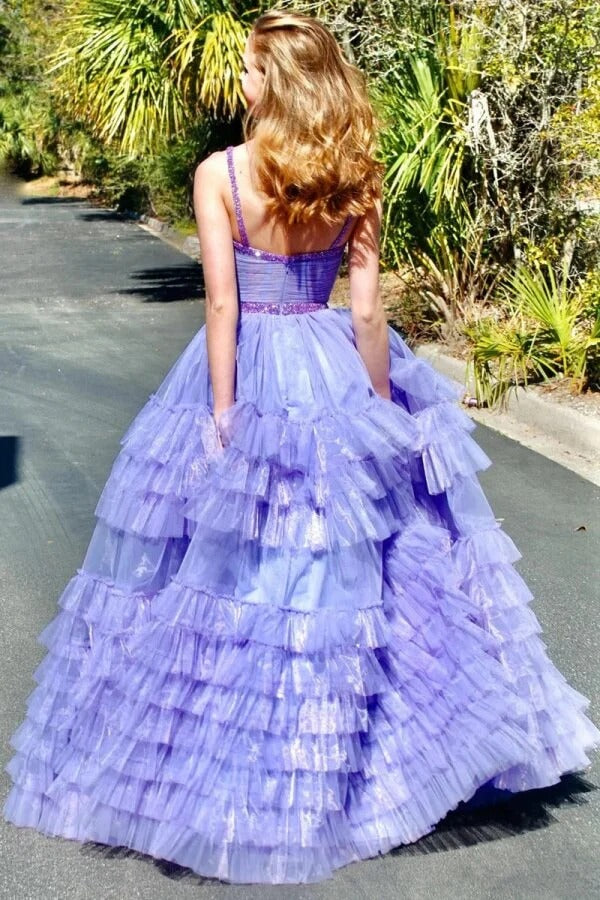 Lavender Spaghetti-Strap Beaded Ruffle Tiered Tulle Ball Gown