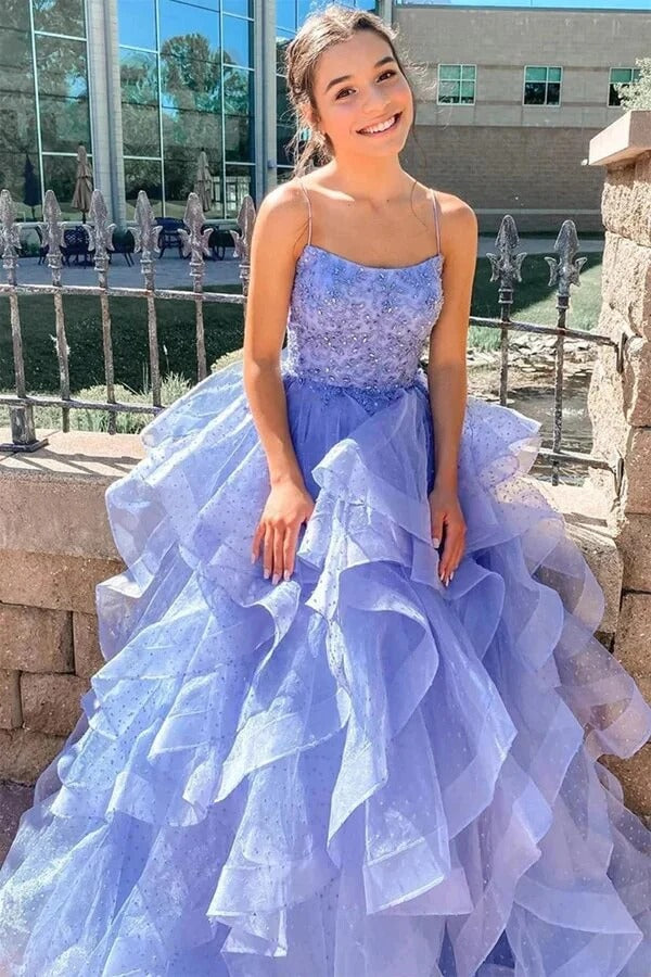 Lavender Spaghetti Strap Square Neck Open Back Beaded Ruffled Tulle Ball Gown with Train
