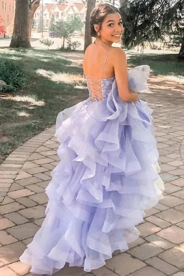Lavender Spaghetti Strap Square Neck Open Back Beaded Ruffled Tulle Ball Gown with Train