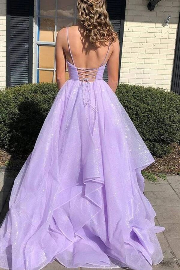 Lavender Spaghetti Strap Tiered Glitter Tulle Gown with Lace-Up Back