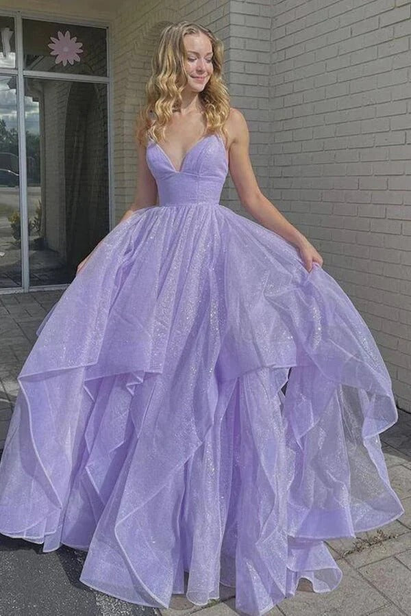 Lavender Spaghetti Strap Tiered Glitter Tulle Gown with Lace-Up Back