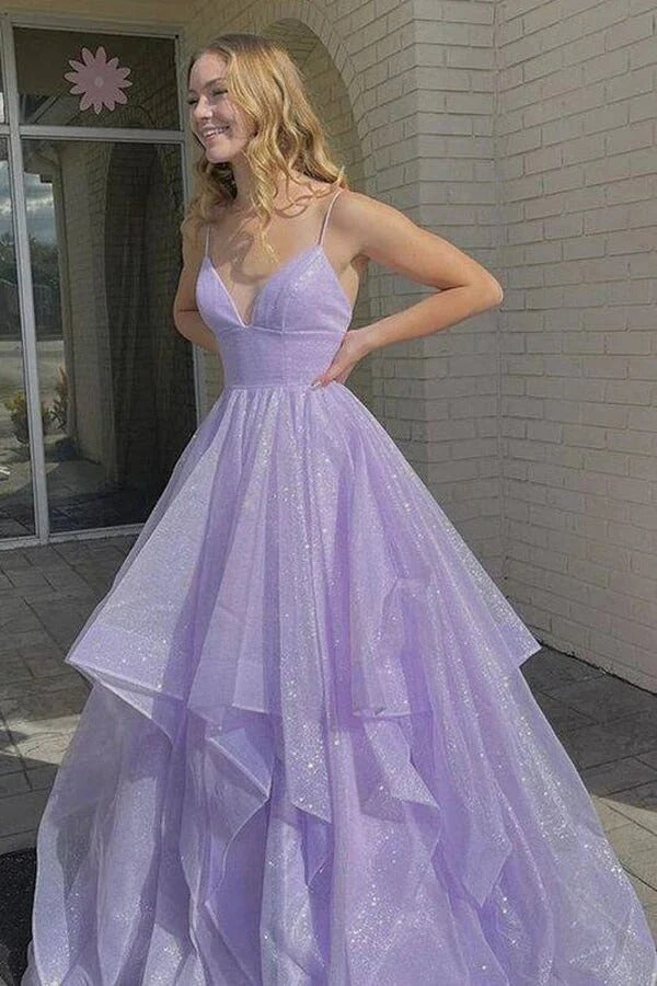 Lavender Spaghetti Strap Tiered Glitter Tulle Gown with Lace-Up Back