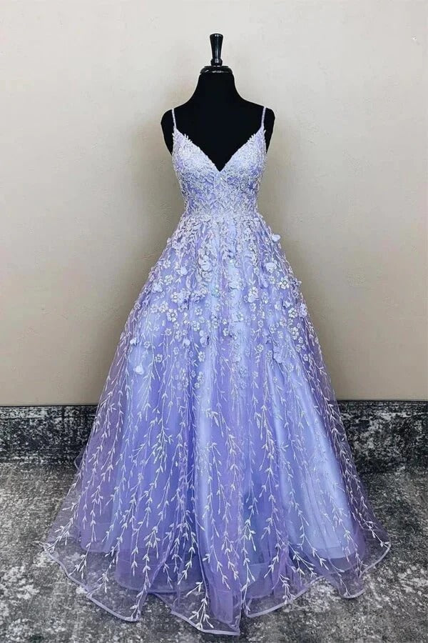 Lavender Spaghetti Strap V-Neck Open Back 3D Floral Lace Tulle Ball Gown with Train