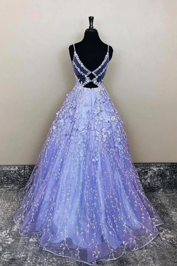 Lavender Spaghetti Strap V-Neck Open Back 3D Floral Lace Tulle Ball Gown with Train