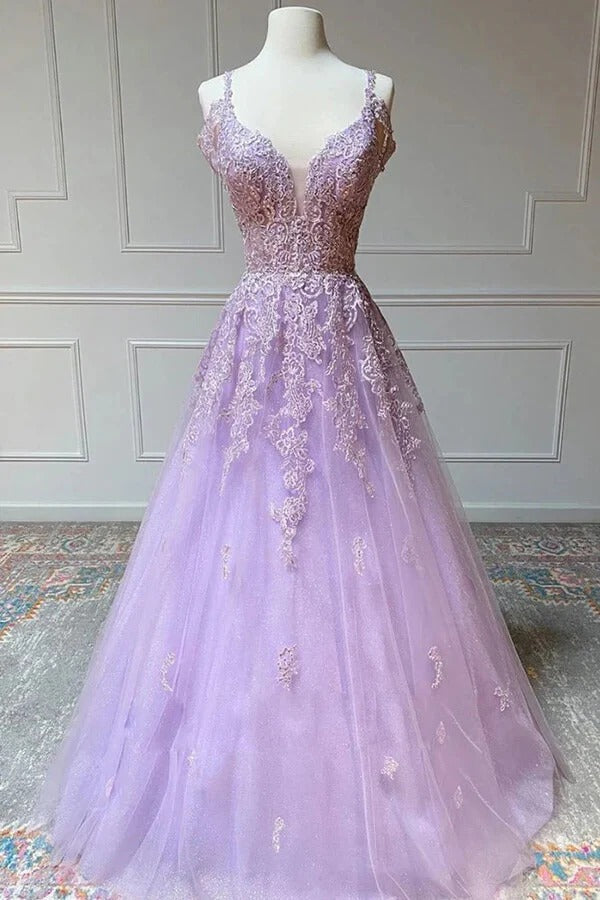 Lavender Spaghetti Strap V-Neck Open Back Lace Tulle A-Line Prom Maxi Gown with Train