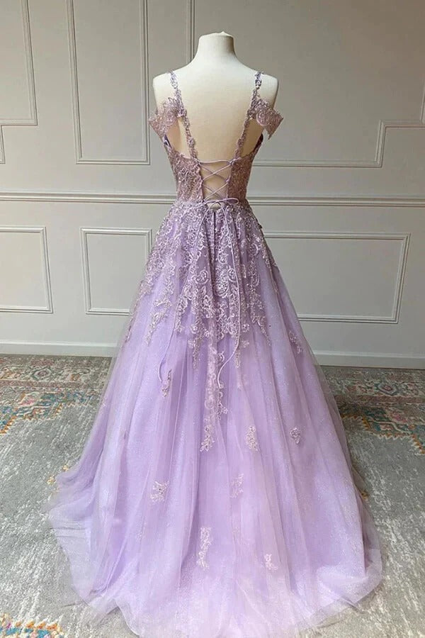 Lavender Spaghetti Strap V-Neck Open Back Lace Tulle A-Line Prom Maxi Gown with Train