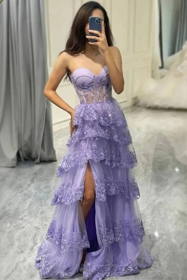 Lavender Strapless Floral Lace Tiered Tulle Gown with Corset Bodice and Slit