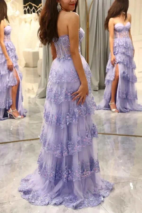 Lavender Strapless Floral Lace Tiered Tulle Gown with Corset Bodice and Slit