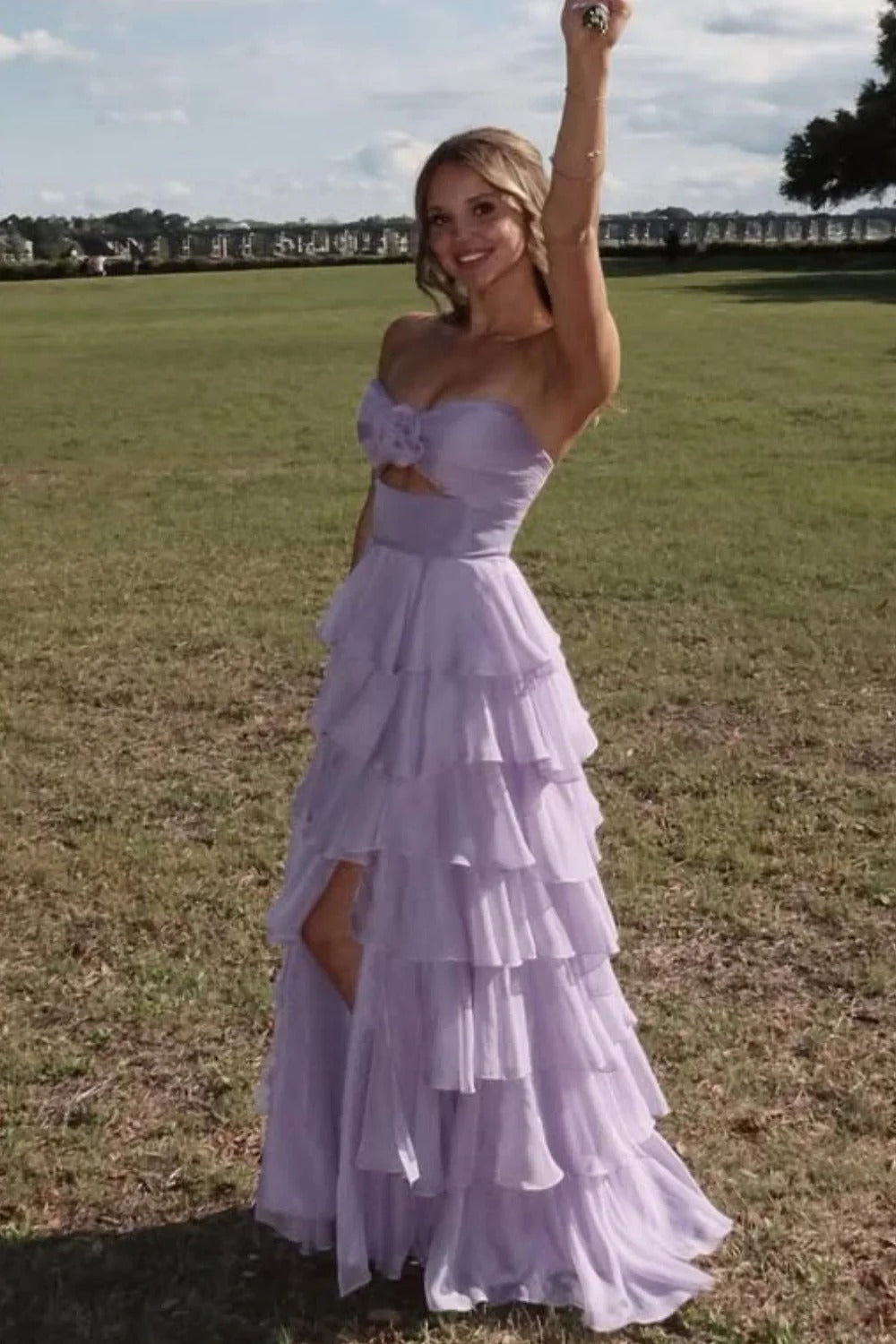 Lavender Strapless Tiered Ruffle High Slit Maxi Dress – Garden Prom Gown