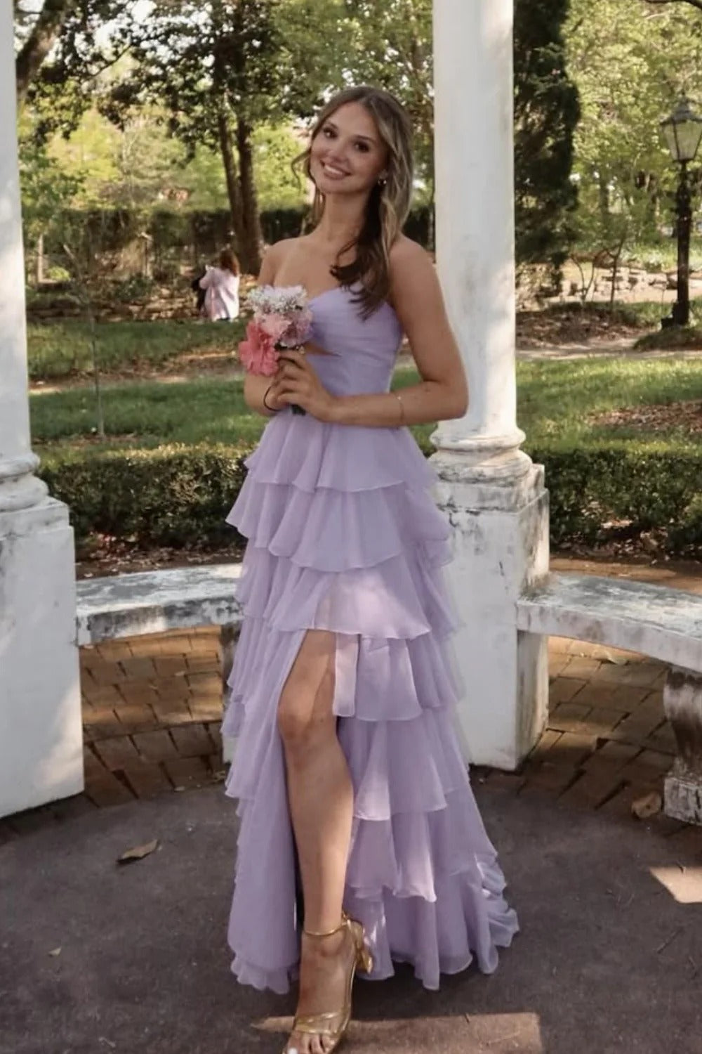 Lavender Strapless Tiered Ruffle High Slit Maxi Dress – Garden Prom Gown