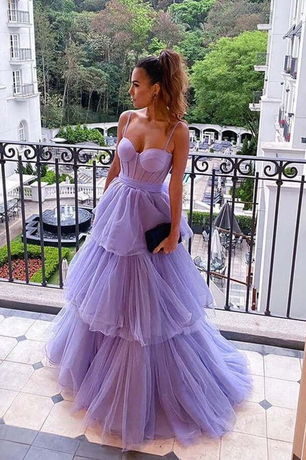 Lavender Tiered Ruffle Tulle Ball Gown with Back Bow