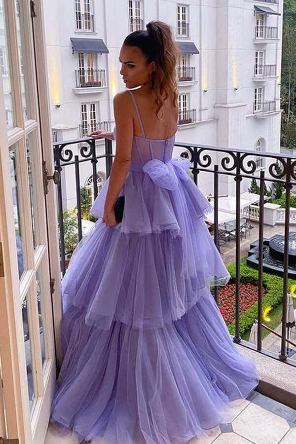 Lavender Tiered Ruffle Tulle Ball Gown with Back Bow