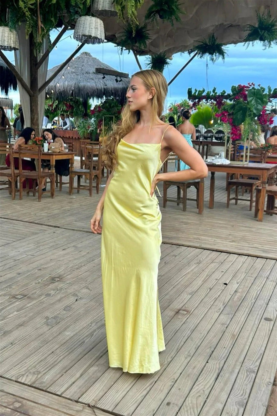 Lemon Yellow Satin Cowl Neck Backless Tie Maxi Dress – Beach Vacation Gown