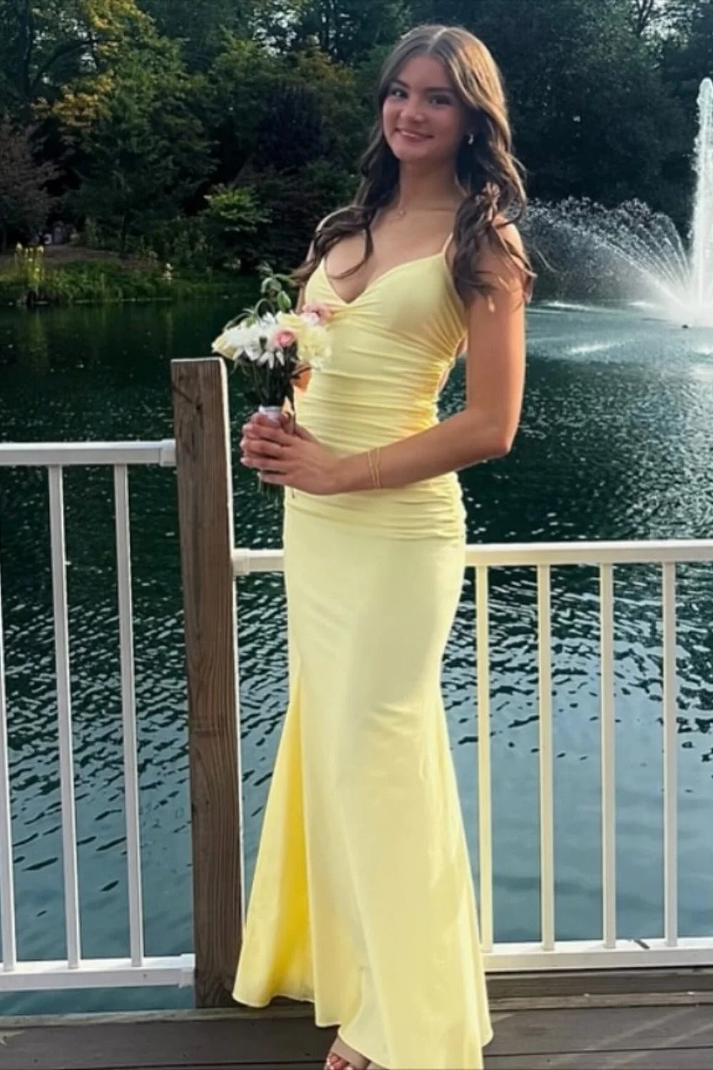 Lemon Yellow Spaghetti Strap Backless Tie Mermaid Gown – Prom Beach Dress