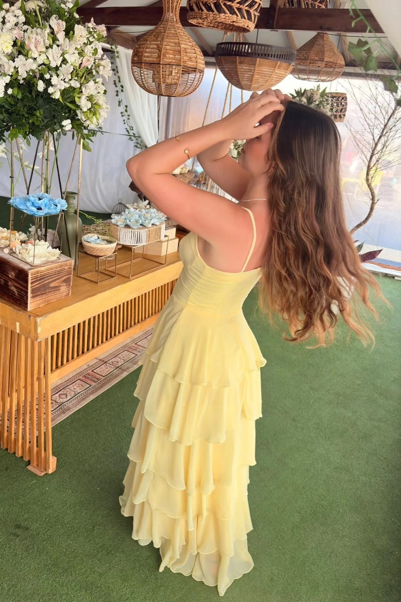 Lemon Yellow Spaghetti Strap Tiered Ruffle Maxi Dress