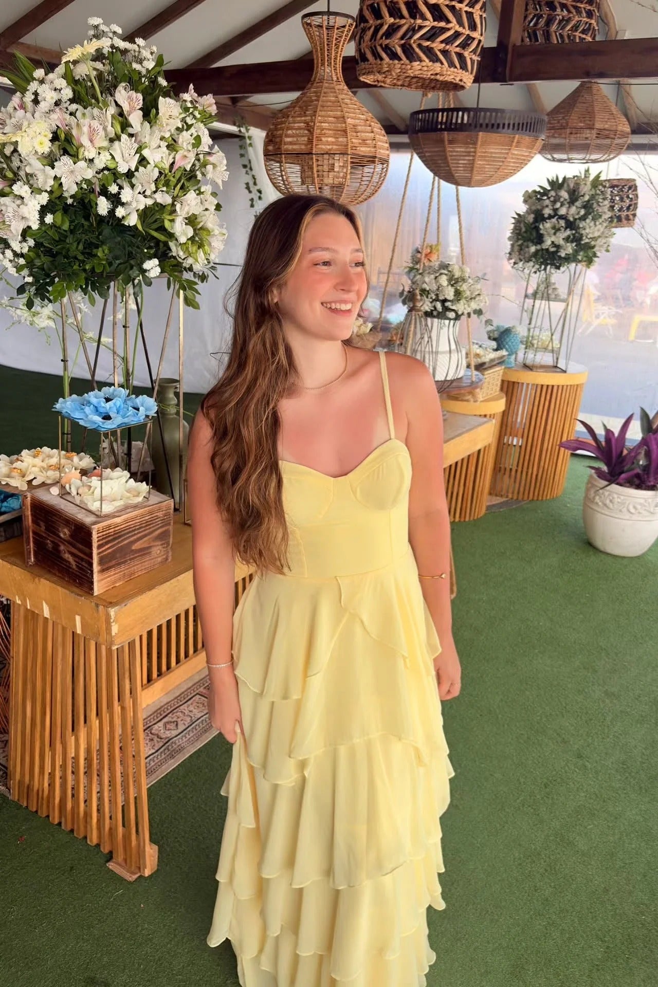 Lemon Yellow Spaghetti Strap Tiered Ruffle Maxi Dress