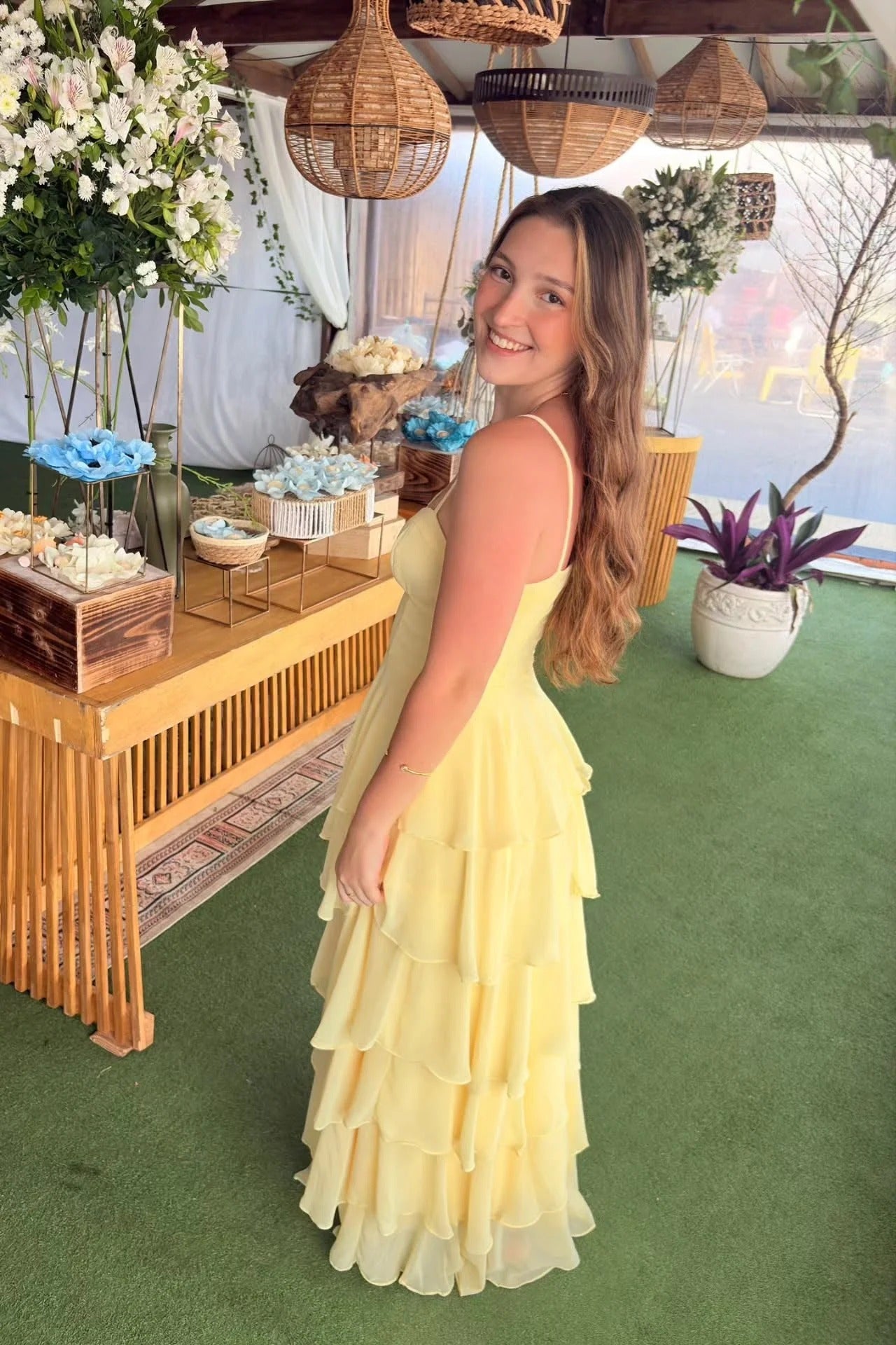Lemon Yellow Spaghetti Strap Tiered Ruffle Maxi Dress