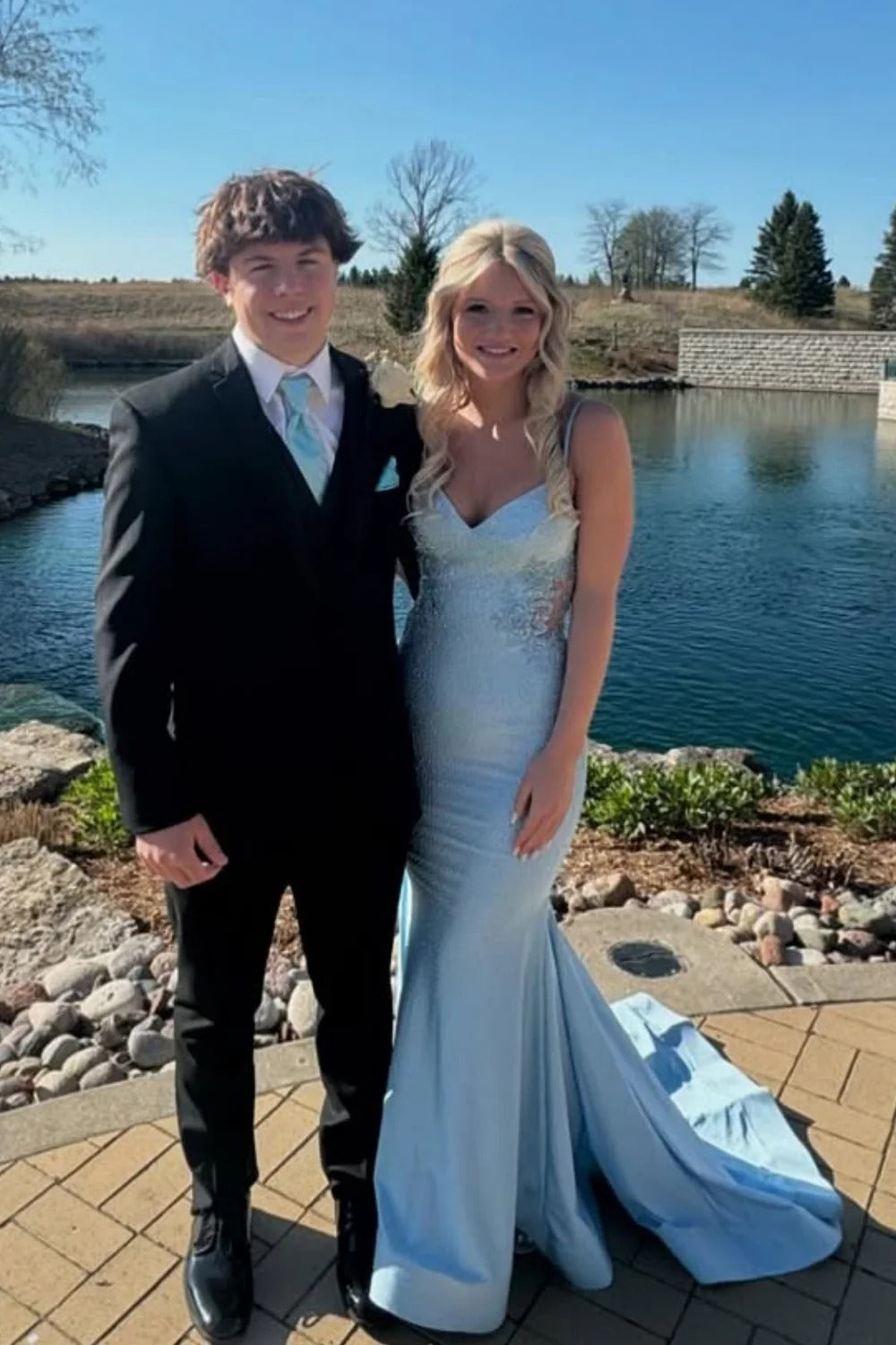 Light Blue Beaded Lace Mermaid Gown – Spaghetti Strap Prom Dress with Open Back & Train