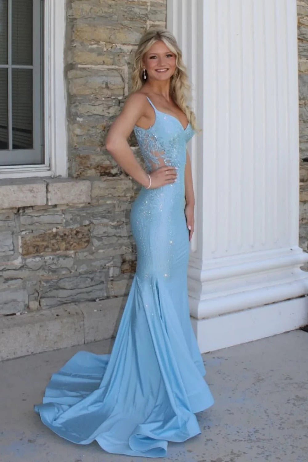 Light Blue Beaded Lace Mermaid Gown – Spaghetti Strap Prom Dress with Open Back & Train