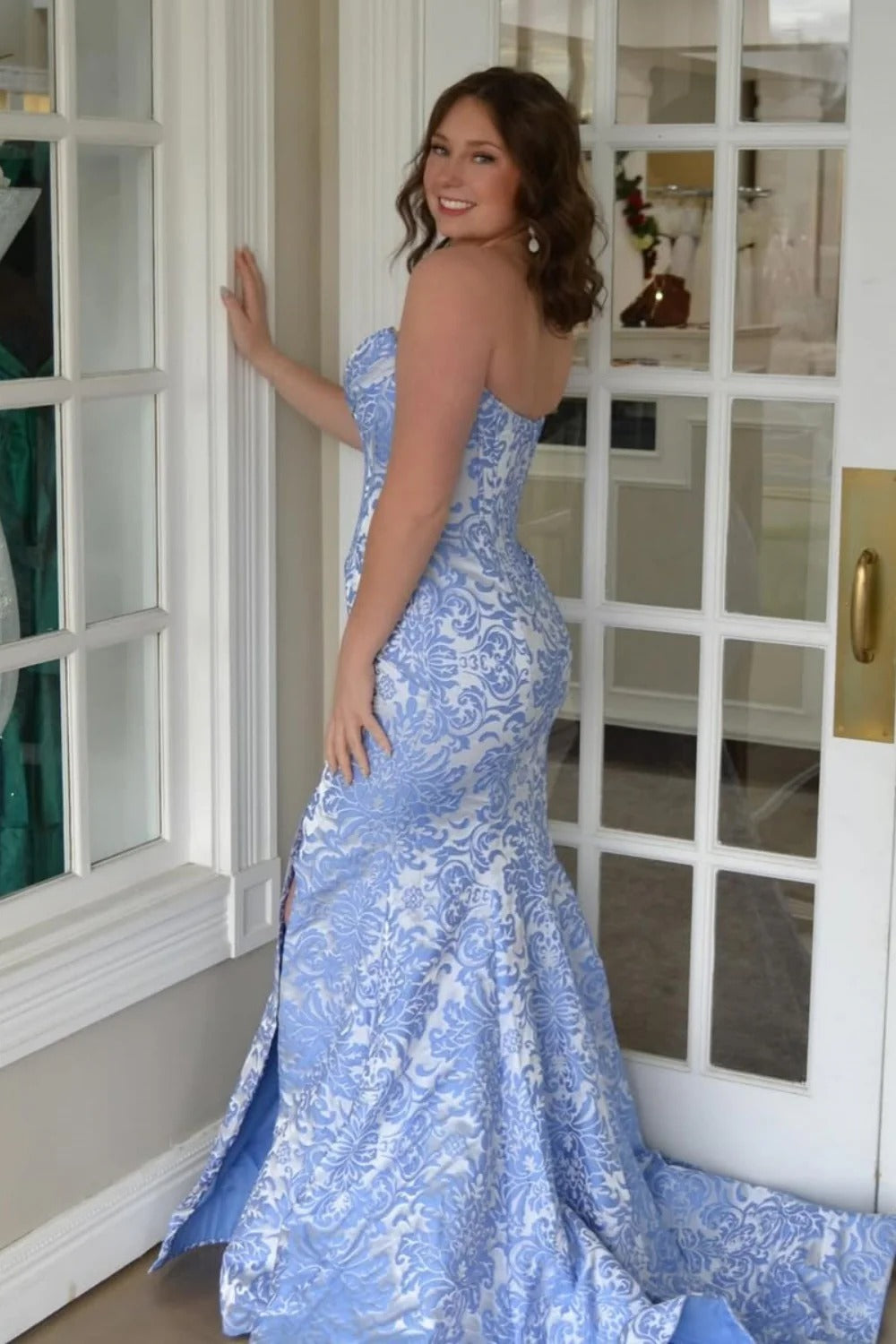 Light Blue Damask Mermaid Gown – Strapless Beaded Prom Dress with Slit and Train