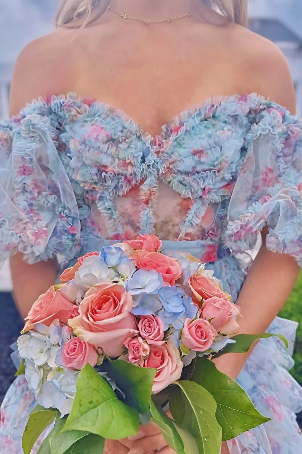 Light Blue Floral Ruffled Prom Gown – Off-the-Shoulder Tiered Tulle Dress with Slit & Train