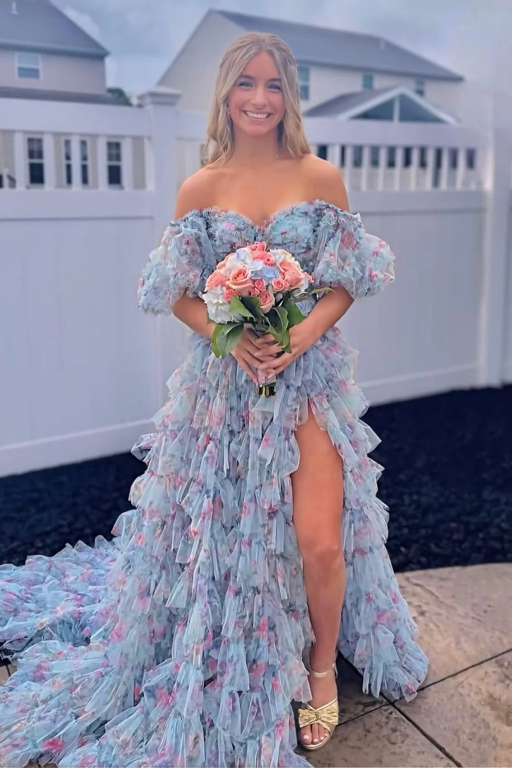 Light Blue Floral Ruffled Prom Gown – Off-the-Shoulder Tiered Tulle Dress with Slit & Train