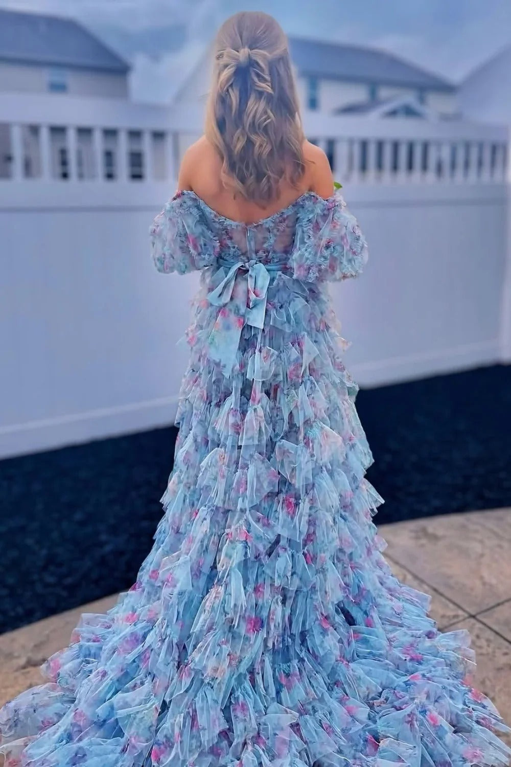 Light Blue Floral Ruffled Prom Gown – Off-the-Shoulder Tiered Tulle Dress with Slit & Train